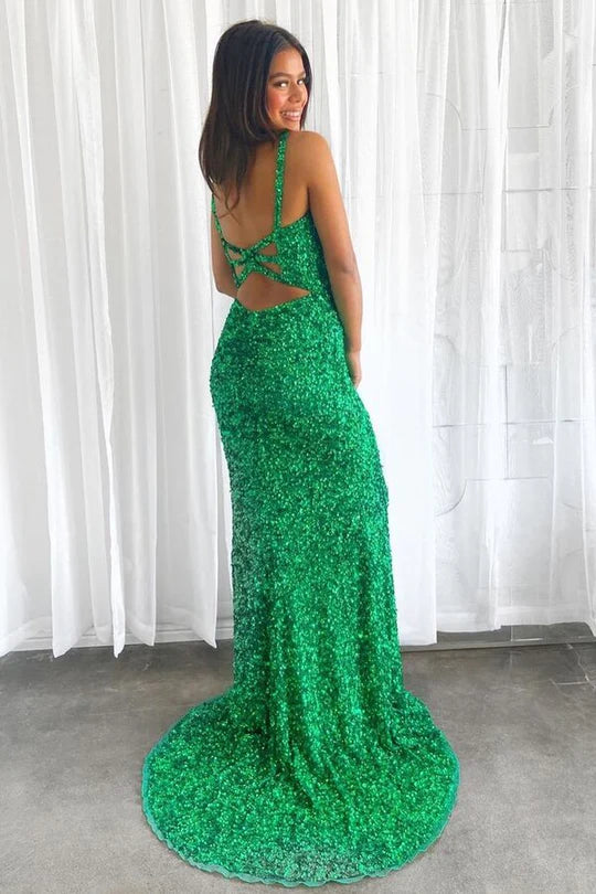 Vestido de fiesta largo de sirena con abertura y brillos